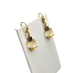 Vintage Gold Tone Art Glass Lever Back Earrings with Geometric Design